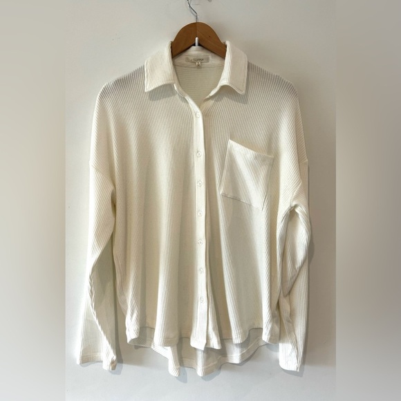 Z Supply Soft Ribbed Button Down Shirt | Medium | Ivory - Picture 2 of 5